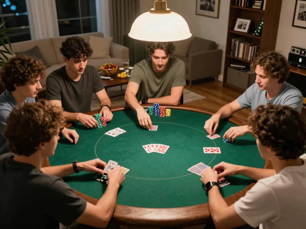 Engaging home poker night scene featuring hitclubapk players making strategic decisions with vibrant chips.