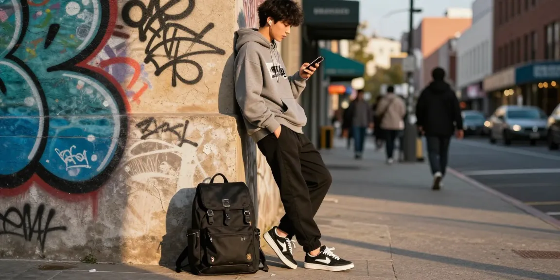 Urban scene showcasing 명품 레플리카 fashion, stylish individual in designer-inspired outfit against graffiti wall, vibrant city backdrop.