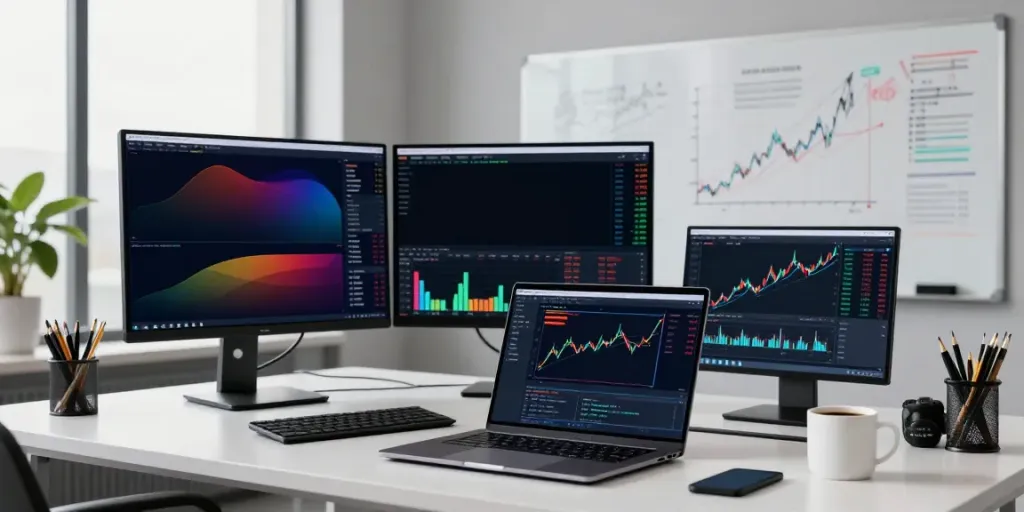 TradingView interface on dual monitors in a professional trading workspace highlighting financial analysis.