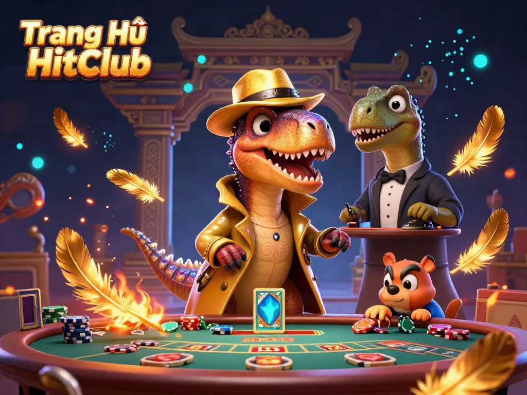 Experience the excitement of Trang Chủ HitClub with a velociraptor card counter at the blackjack table, surrounded by dynamic gaming elements.