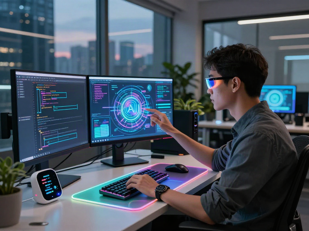 AI developer working with holographic AI displays in a modern tech workspace, showcasing 18+ ai innovations and futuristic design elements.