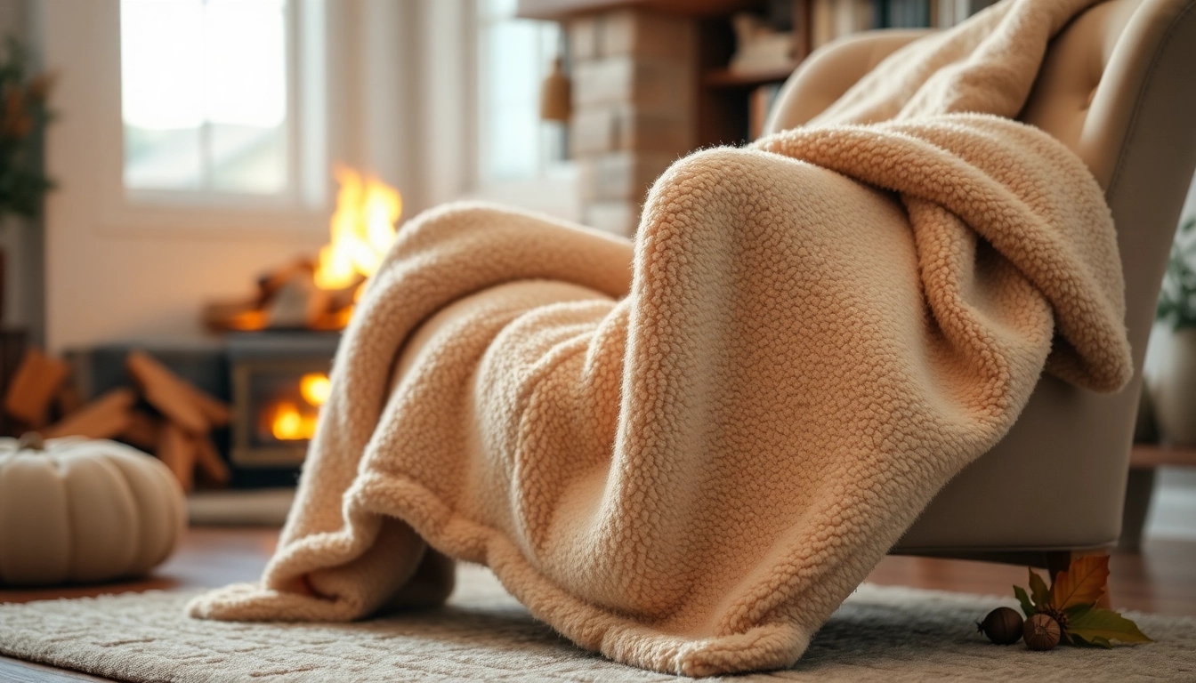 Fleece dekentje op een comfortabele stoel bij een open haard voor extra warmte.