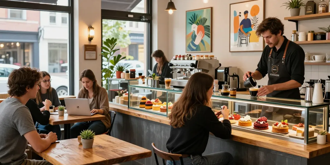 Gathering at urban cafe, customers enjoy coffee experience with barista, creating an inviting atmosphere.