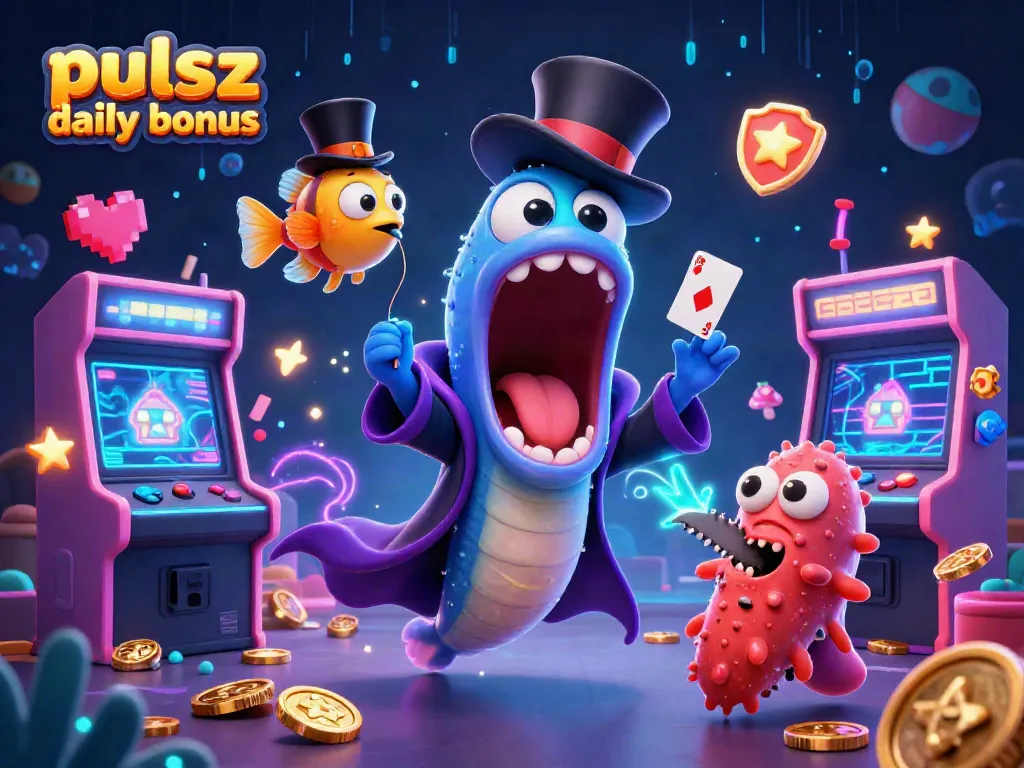 Pulsz bingo daily bonus with vibrant 3D characters showcasing a magic act amidst arcade game machines and casino elements.