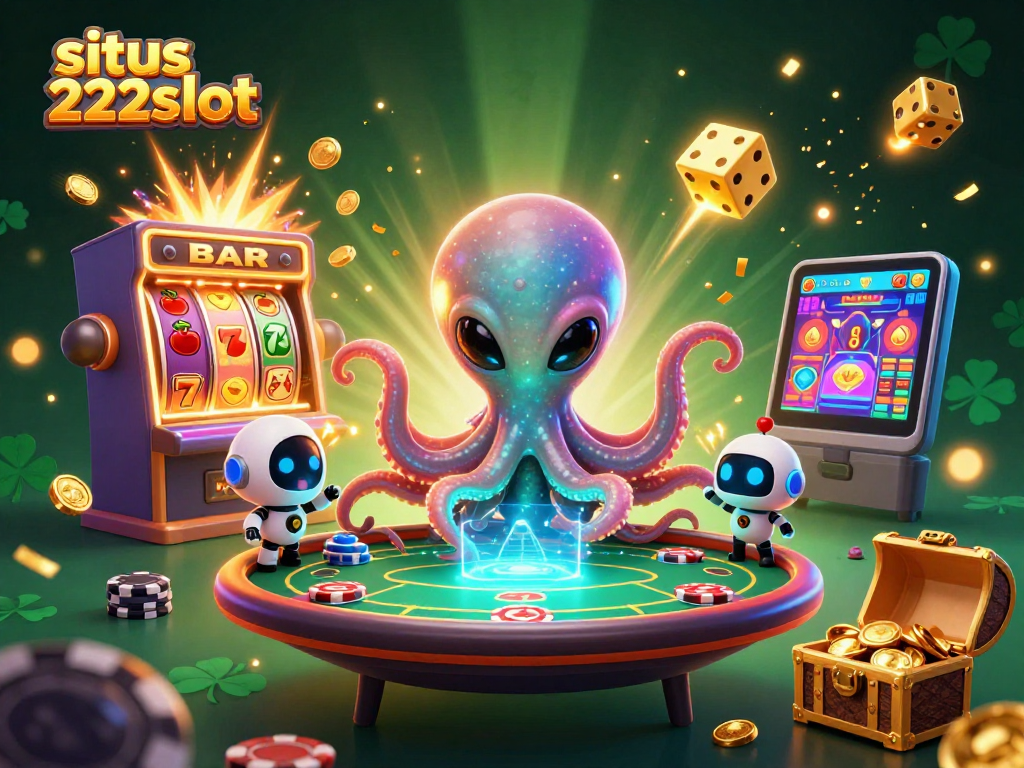 Situs 222slot menampilkan alien gurita futuristik bermain poker dengan robot kecil dan simbol slot terbang
