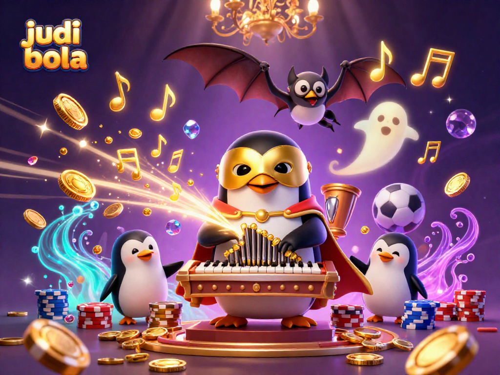 Bettors enjoy judi bola with a cartoon penguin playing an organ shooting coins, while sports-themed elements surround.