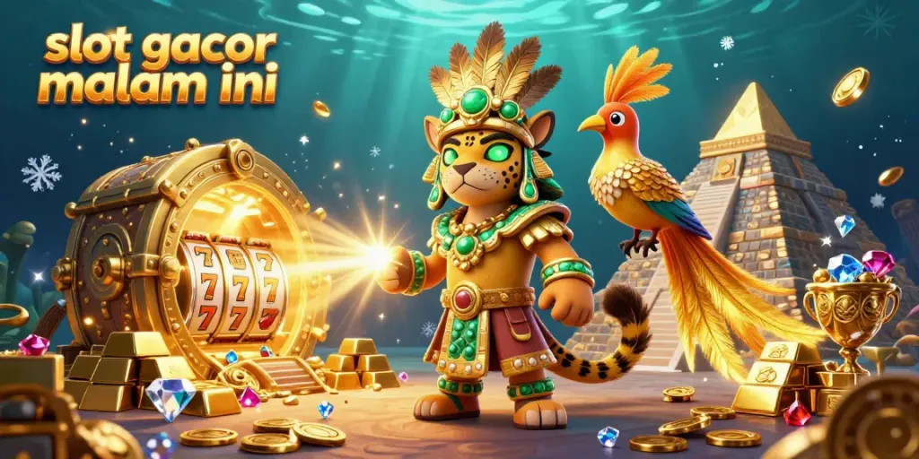 Visualisasi menarik slot gacor malam ini dengan jaguar dan burung quetzal, jackpot mengkilau dan koin emas.