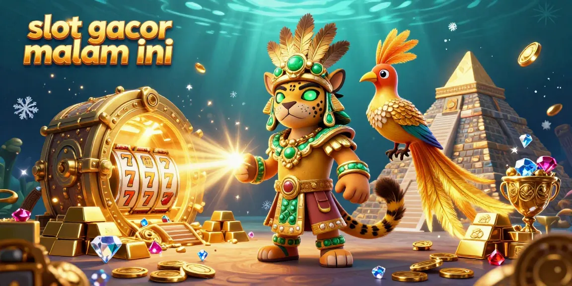 Visualisasi menarik slot gacor malam ini dengan jaguar dan burung quetzal, jackpot mengkilau dan koin emas.