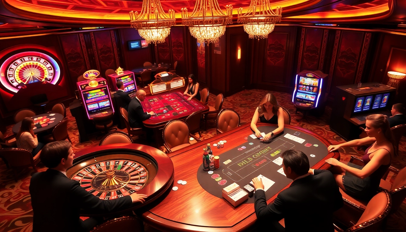 Experience the vibrant gameplay at RR88 with stunning roulette and slot machines in an elegant casino.