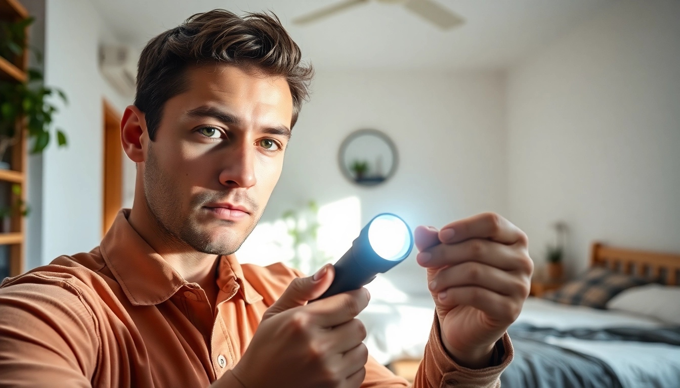 Assessing bed bug exterminator cost during inspection of a residential room.