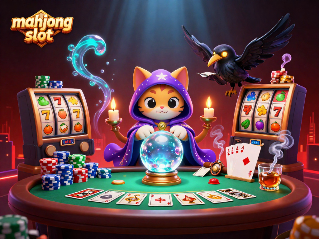 Menangkan hadiah besar dengan mahjong slot di meja poker yang berisi chip dan kartu yang dramatis.