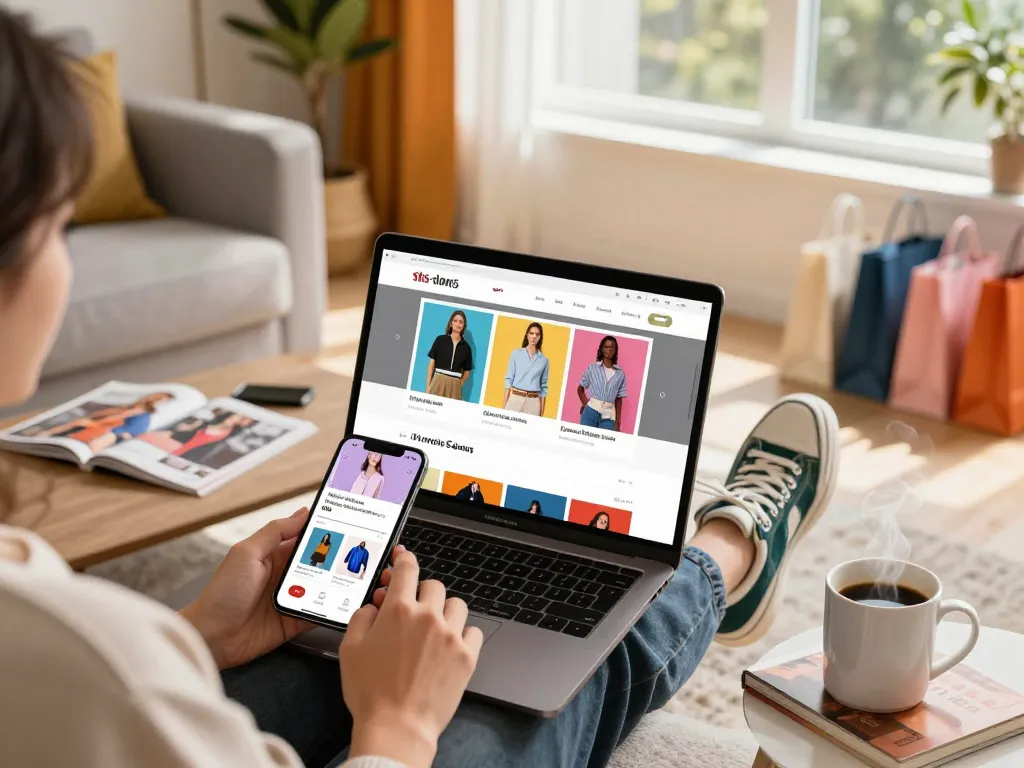 Browsing replica fashion on shs-dome5.com from a stylish couch, showcasing a modern e-commerce experience.