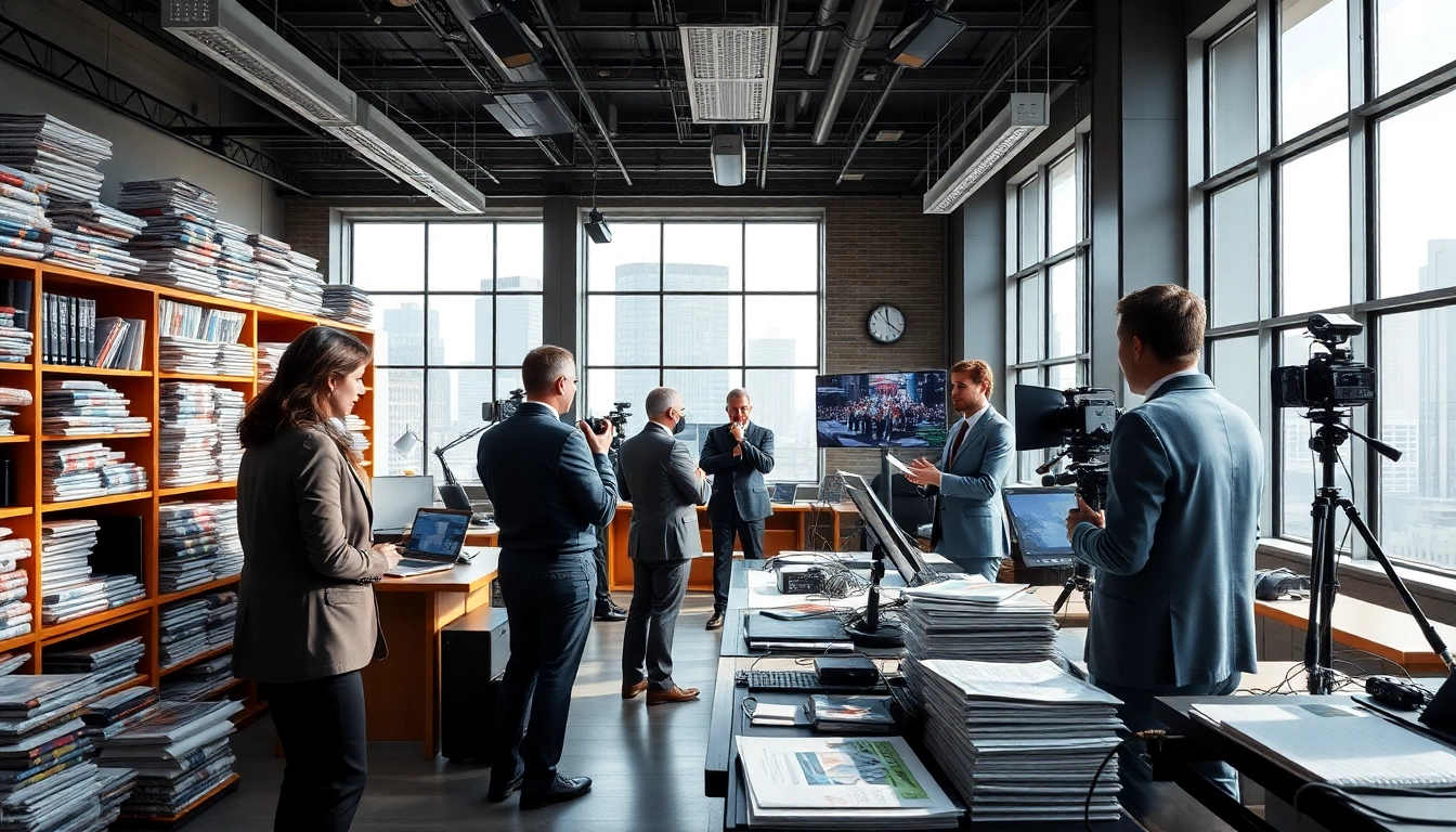 Engaging journalists covering breaking news in a dynamic newsroom setting.
