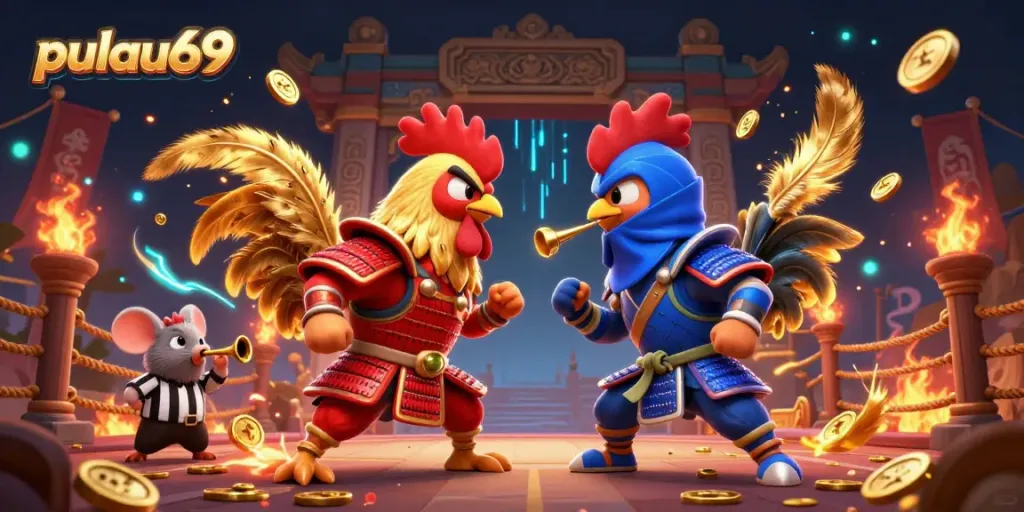 Experience thrilling action at pulau69 with cockfighting roosters in an electrifying scene.
