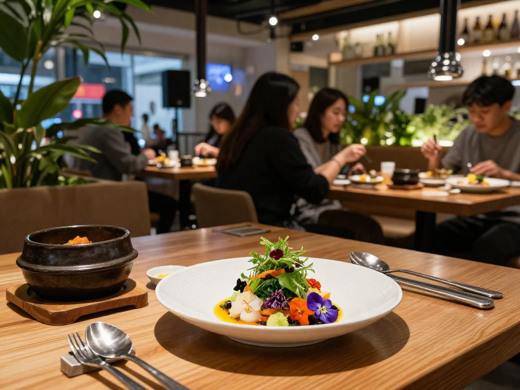 강남 달토에서 맛있게 요리된 한식을 즐기는 모습과 세련된 식당 환경