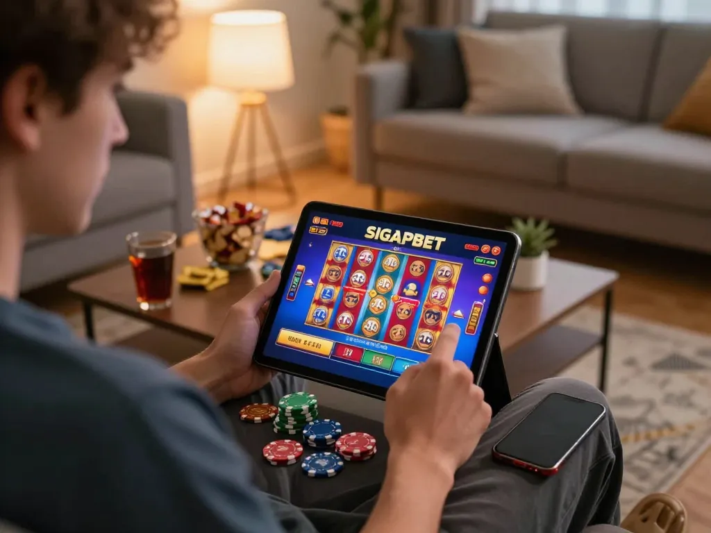 Engaging player using SIGAPBET to spin colorful slot machine in cozy home environment.