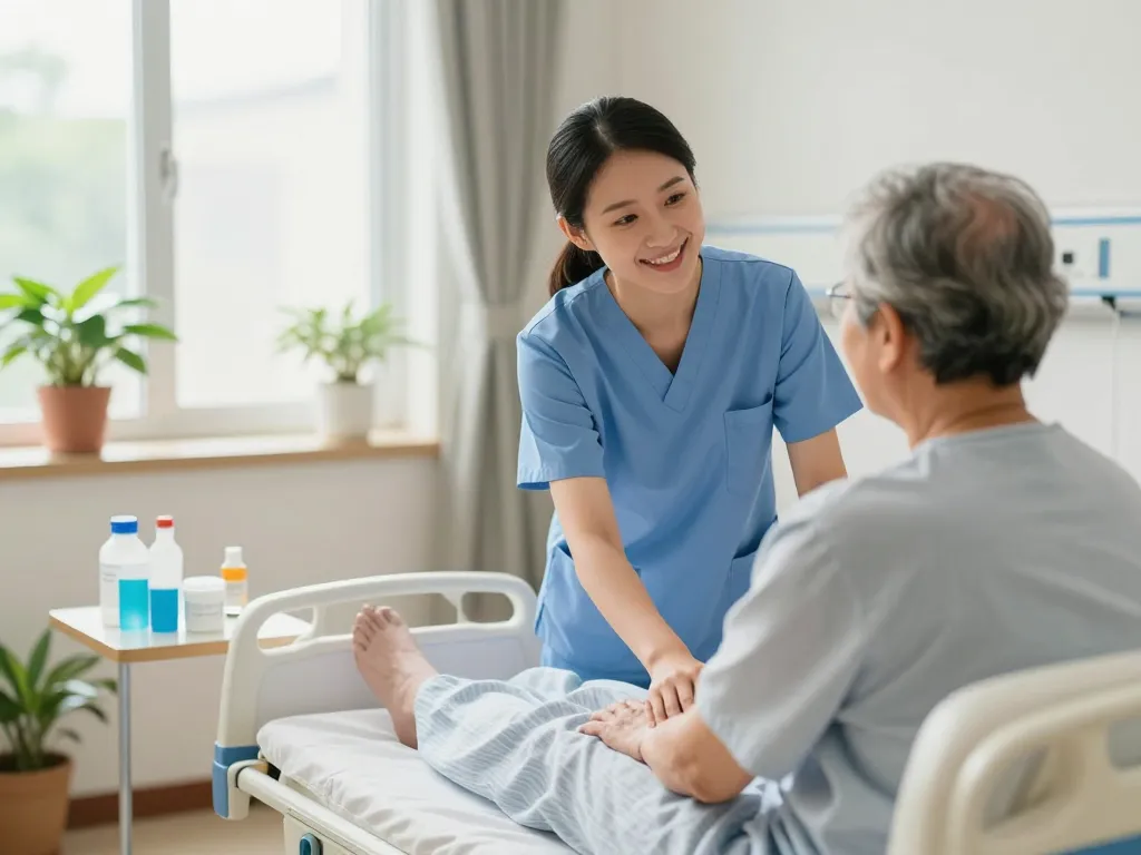 Caregiver adjusting a giường bệnh nhân for an elderly patient in a warm healthcare room.