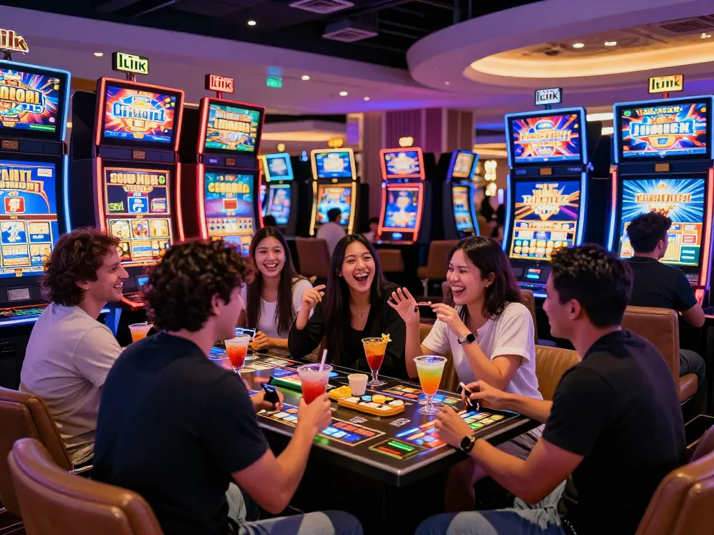 Sekelompok orang menikmati mesin link slot di lingkungan kasino yang meriah