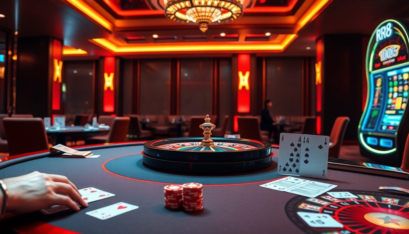 RR88 online gambling scene featuring poker, roulette, and vibrant slot machines
