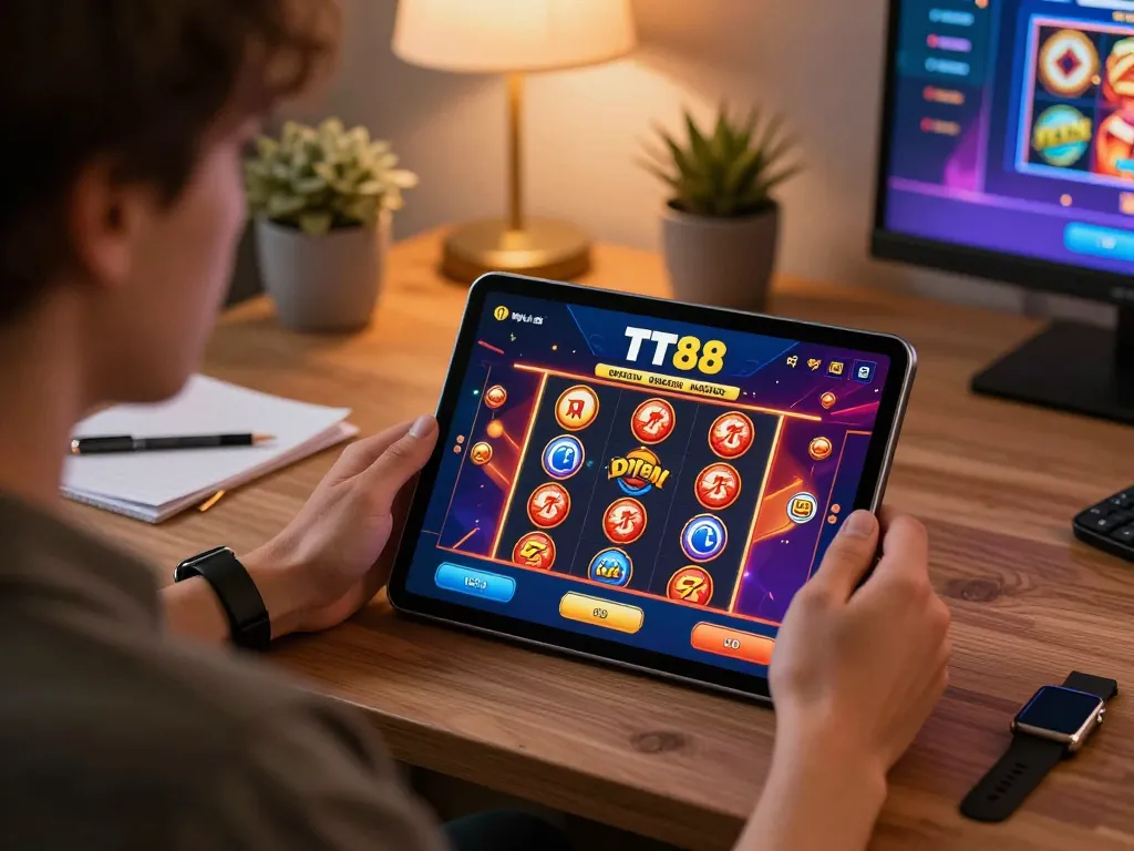 Engaging with the TT88 app for an online casino game in a cozy setting