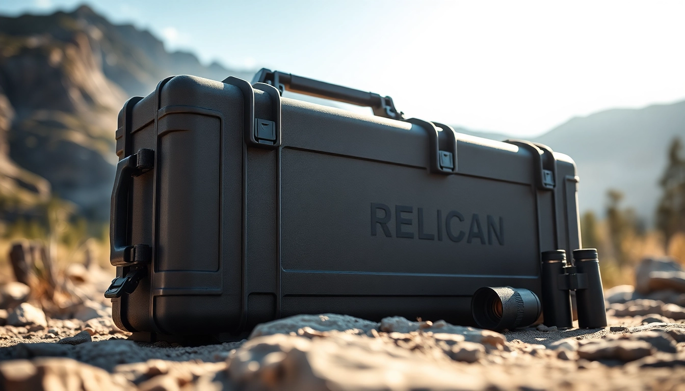 Showcasing a pelican rifle case with rugged features in an outdoor setting.