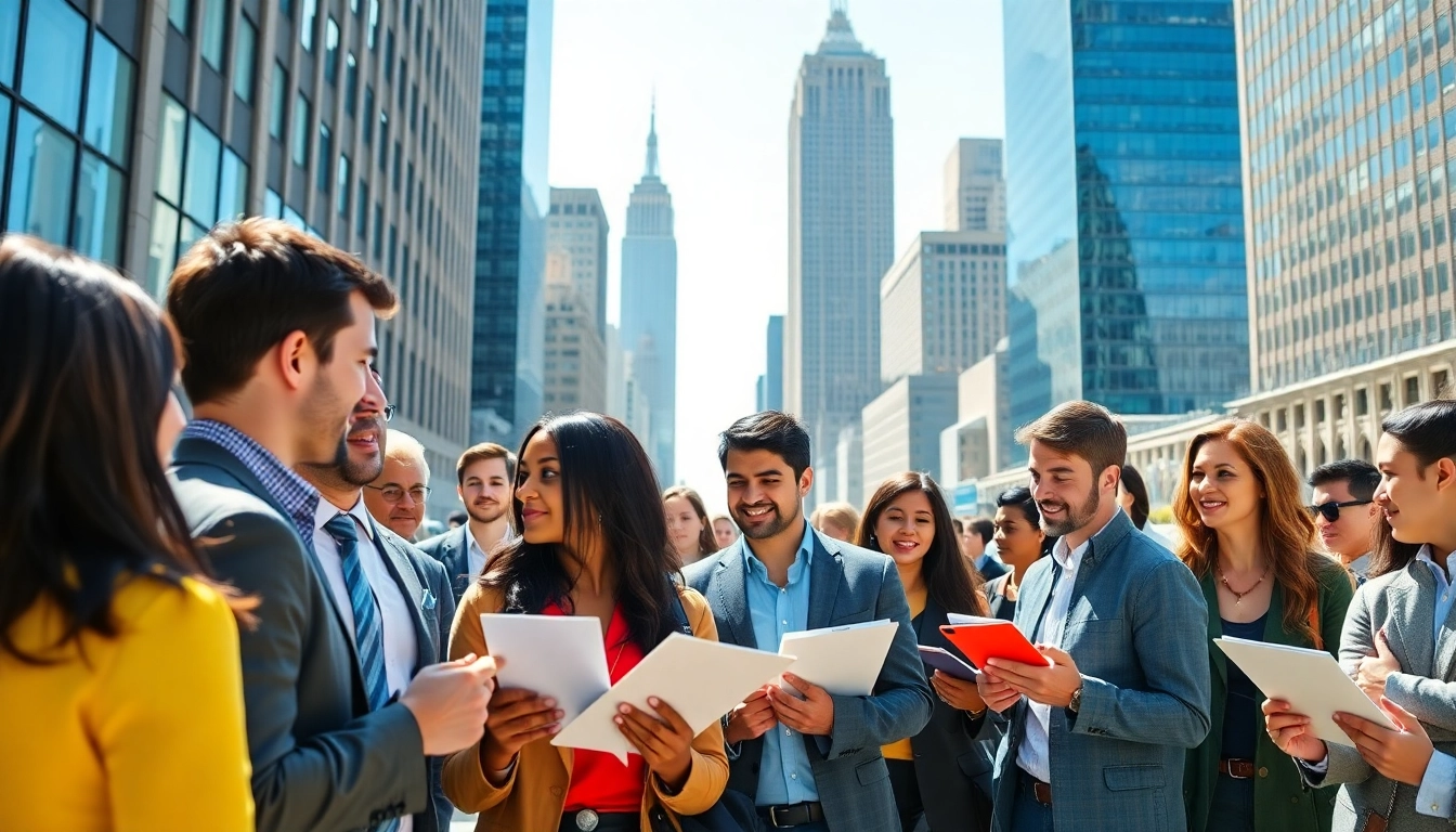 Explore new york jobs in a vibrant NYC setting with diverse professionals engaged in career activities.