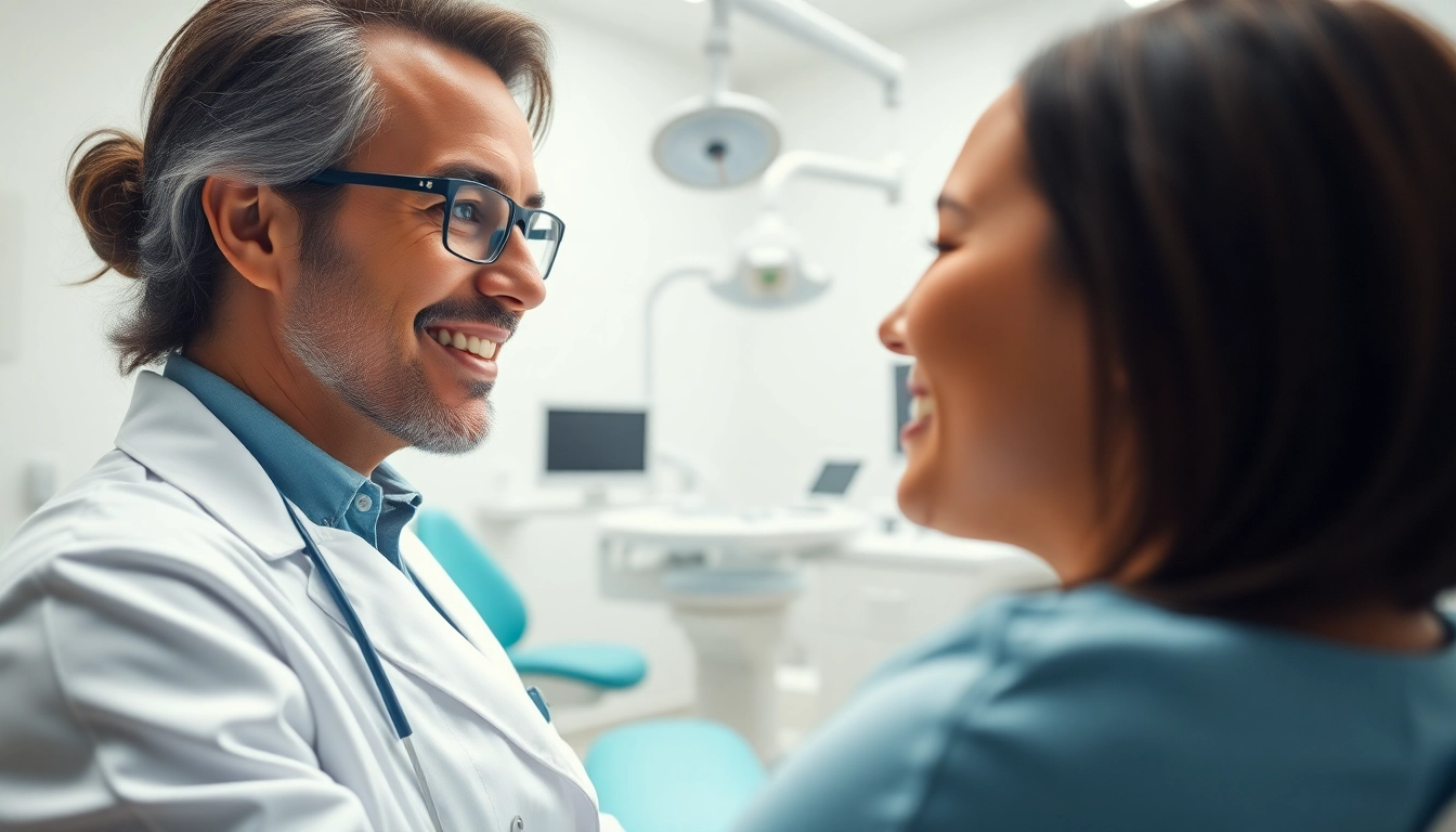 Dentist interacting with a patient in a modern clinic setting, highlighting care and professionalism.