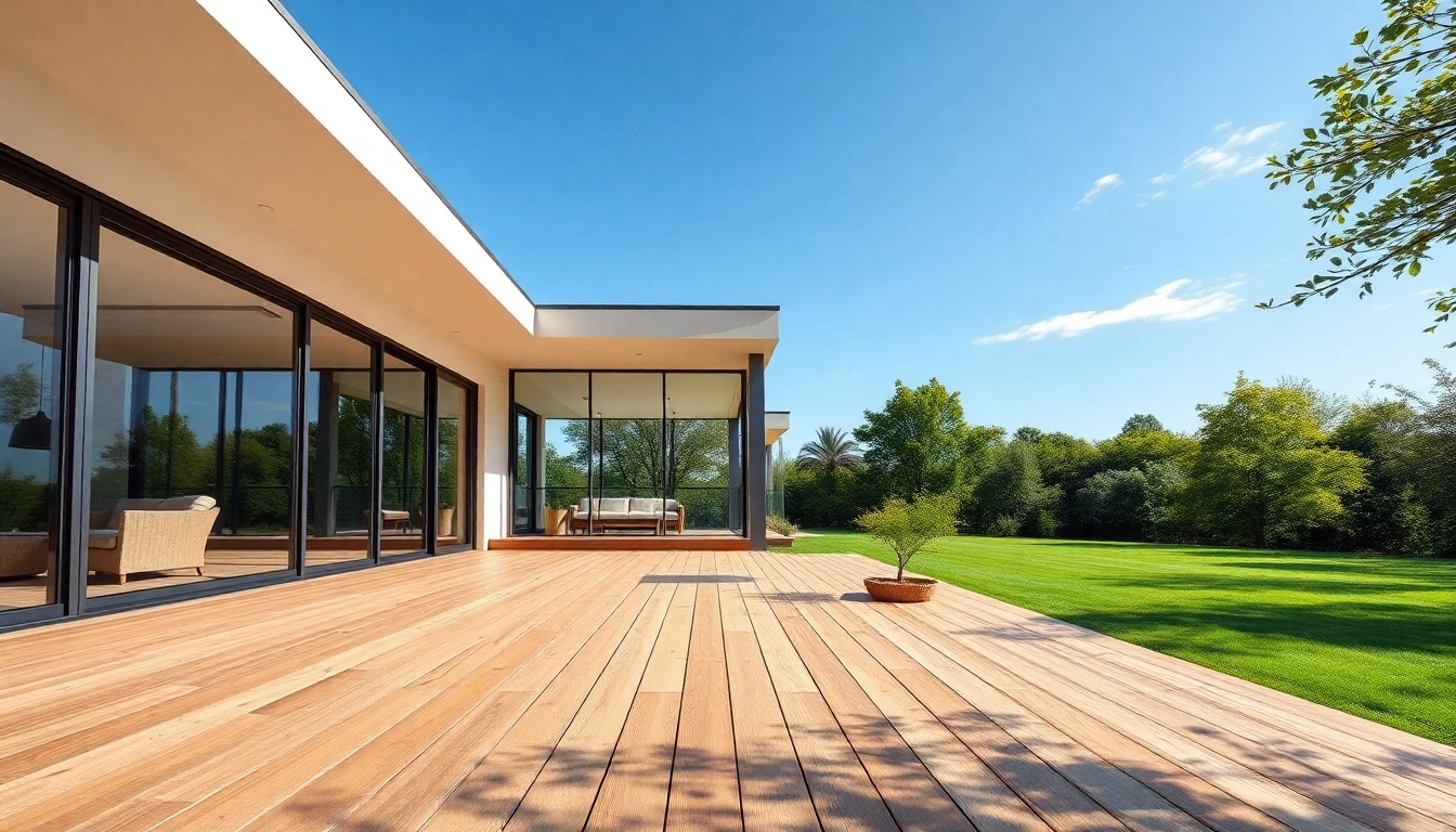 Showcasing a contemporary home expansion design, featuring large windows and wooden deck.