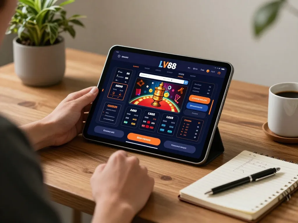 Engaging with the LV88 casino app on a tablet, showcasing responsible gaming in a cozy home setting.