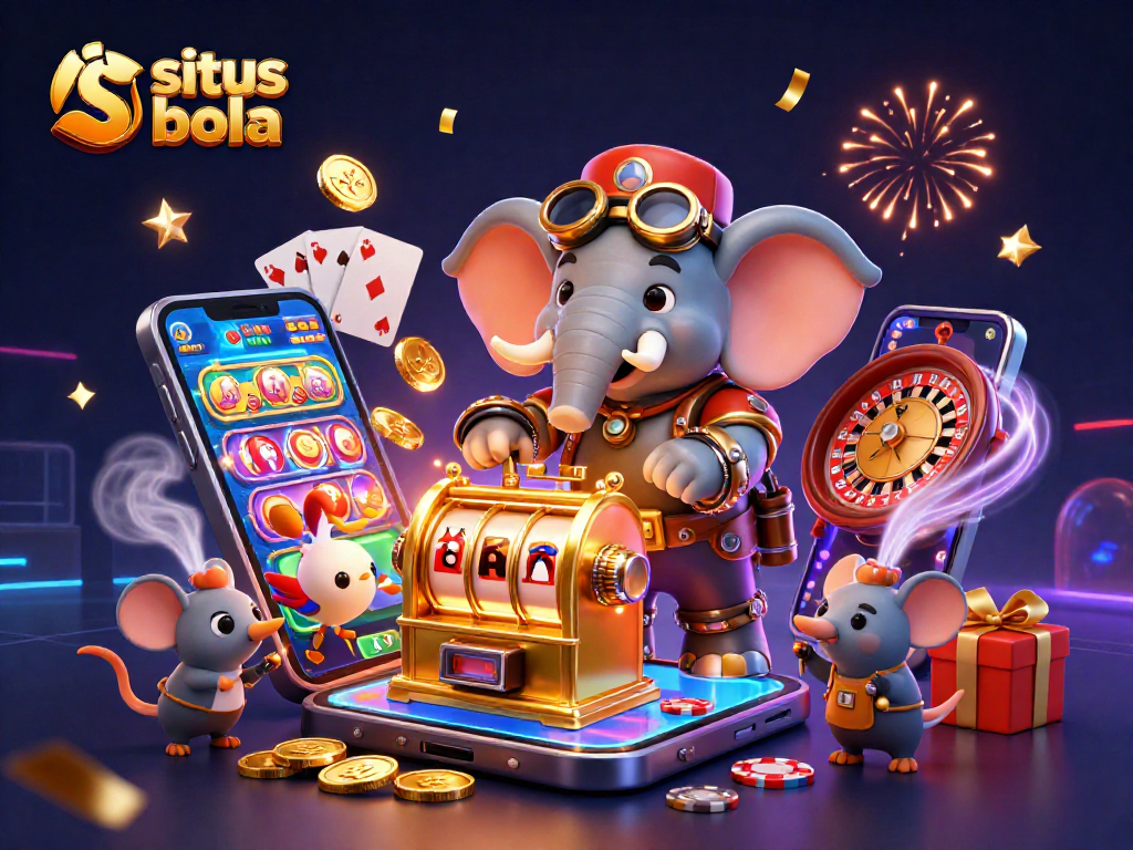 Experience the exciting world of situs bola with this vibrant 3D gambling scene featuring steampunk characters and dynamic gaming elements.