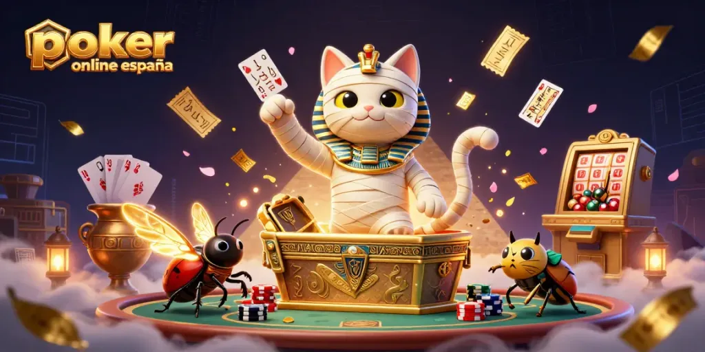 Póker online España: juega en una emocionante escena de casino con cartas y fichas flotantes.