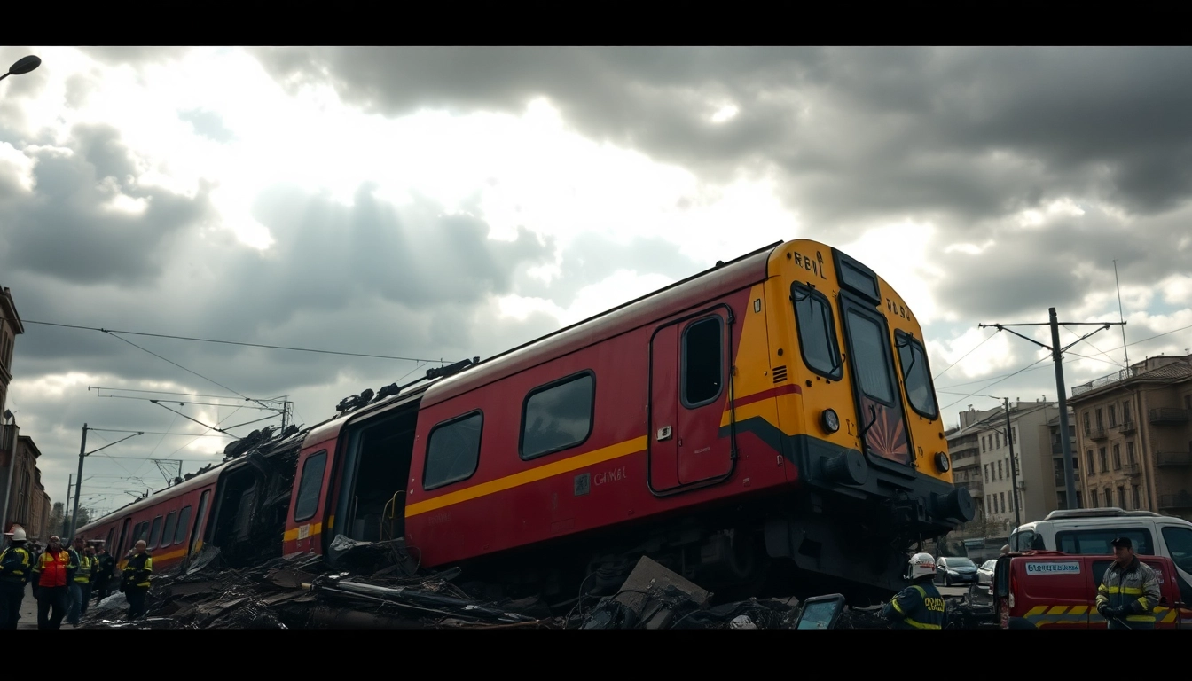 Spain train crash scene showing emergency responders at a derailed train site.