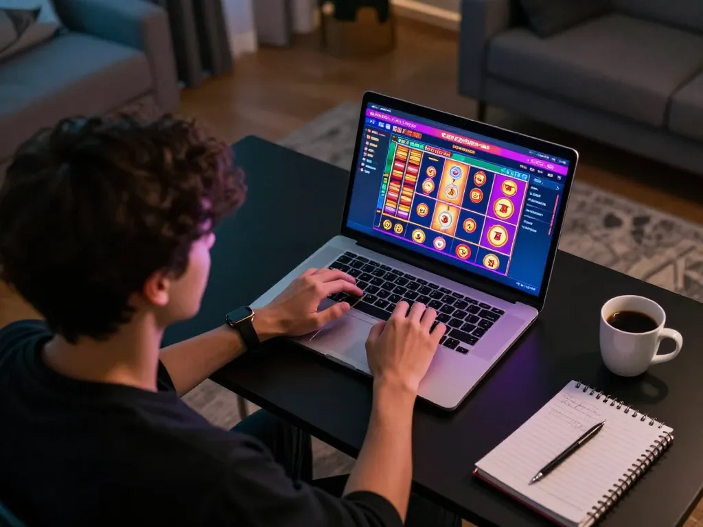 Engaging in gacor slot gameplay at home, showcasing vibrant casino interface and strategic elements.
