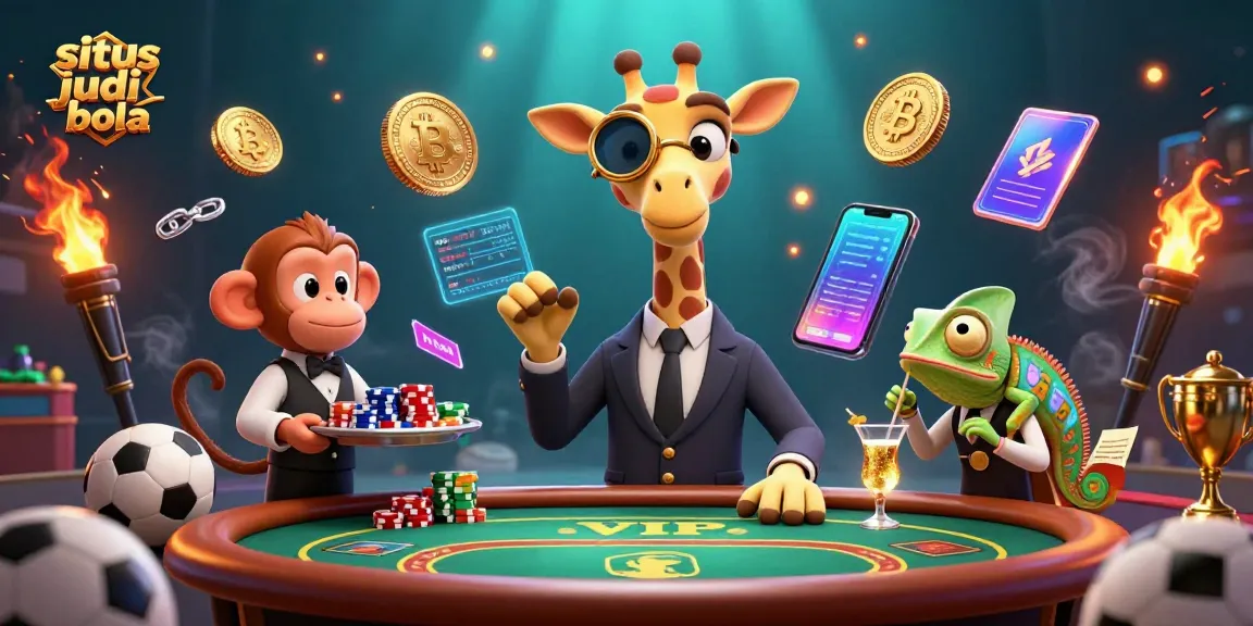 Experience the excitement of situs judi bola with a vibrant 3D scene featuring a giraffe, monkey, and chameleon amidst dynamic sports betting elements.