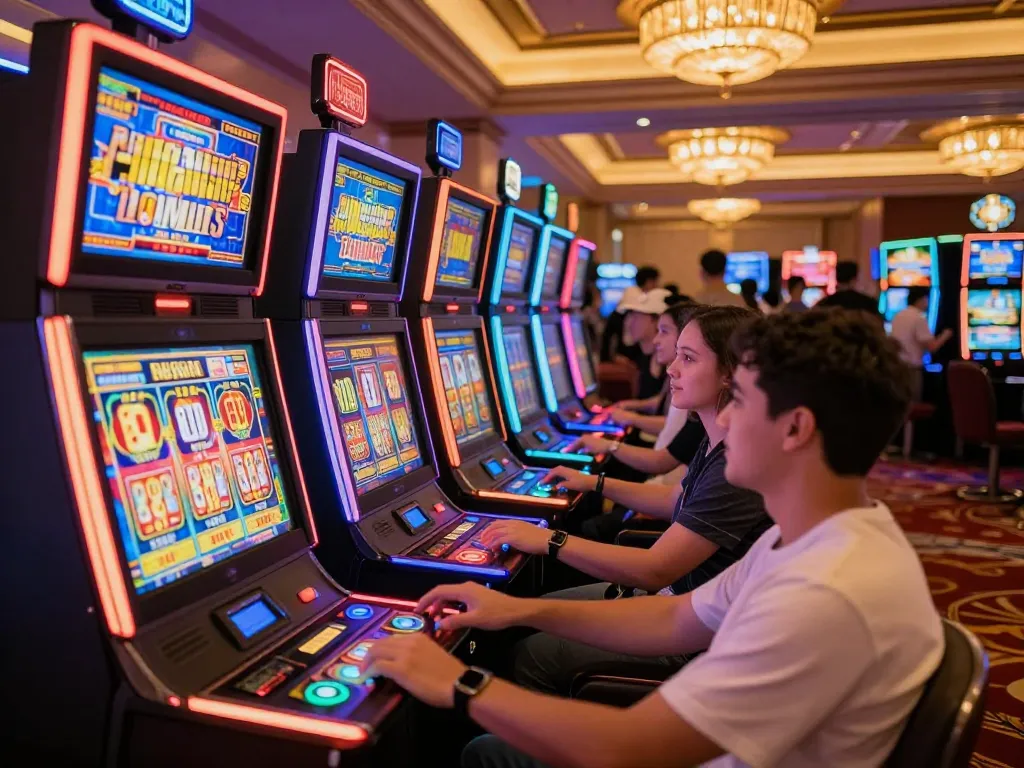 Players spinning slots in a vibrant casino atmosphere with colorful machines