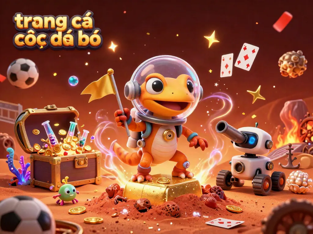trang cá cược đá bóng với gecko vũ trụ và robot trong bối cảnh sòng bài vàng