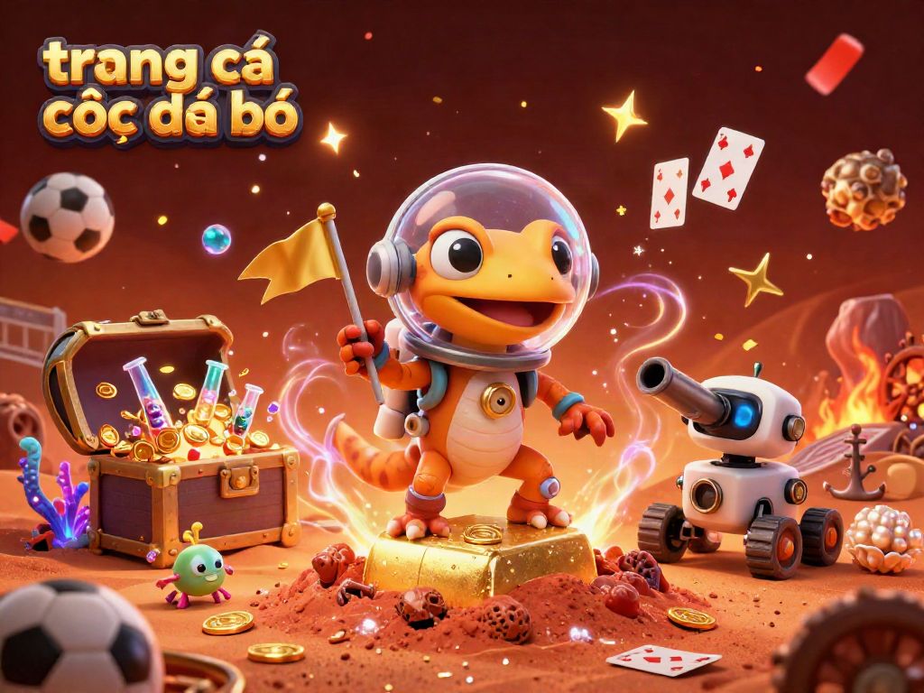 trang cá cược đá bóng với gecko vũ trụ và robot trong bối cảnh sòng bài vàng
