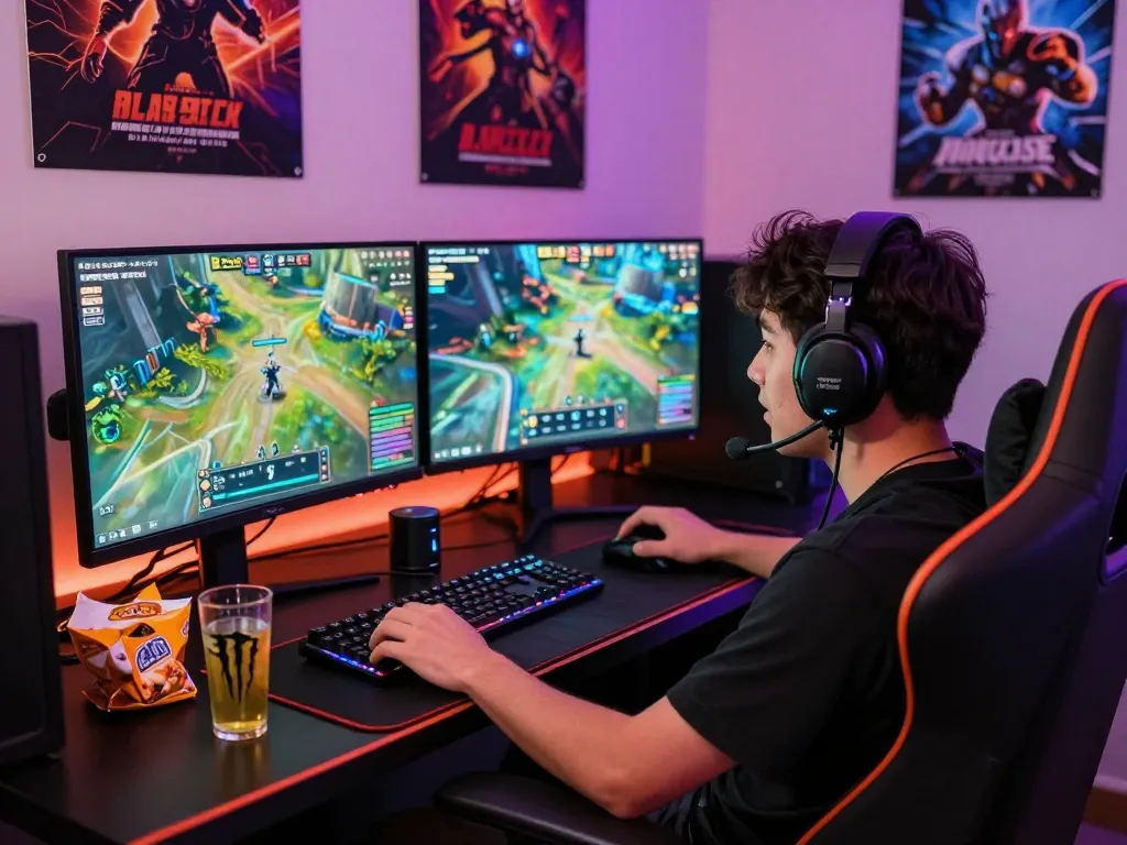 Energetic gaming setup showcasing go88 entertainment with dual monitors and LED lights