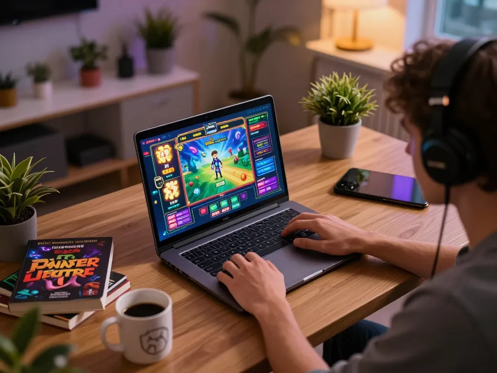 Player enjoying MAU777 online slots at home, vibrant gaming atmosphere with colorful displays