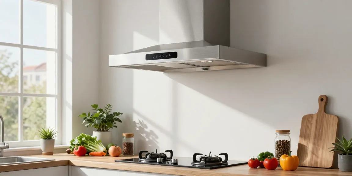 Home cook using a cooker hood while preparing fresh vegetables in a modern kitchen.