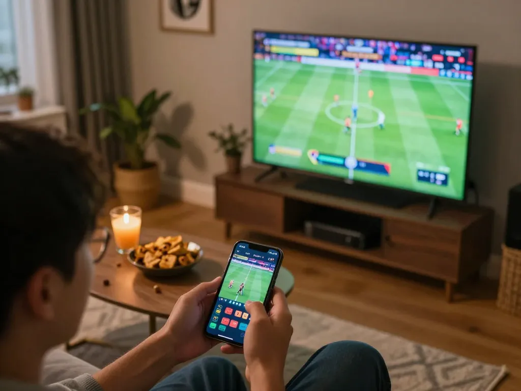 Person placing bets on sports using smartphone while watching live match at home on https://nddo.org, creating a dynamic gambling atmosphere.