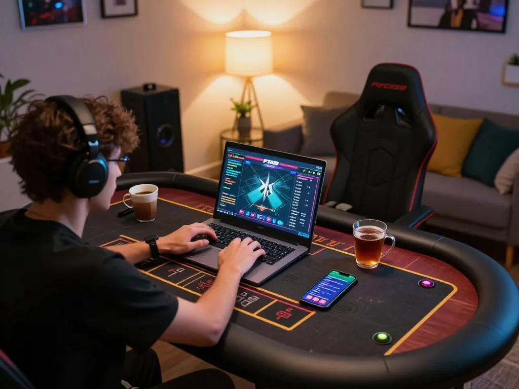Engaged player using F168 to strategize betting at online casino from cozy home setup