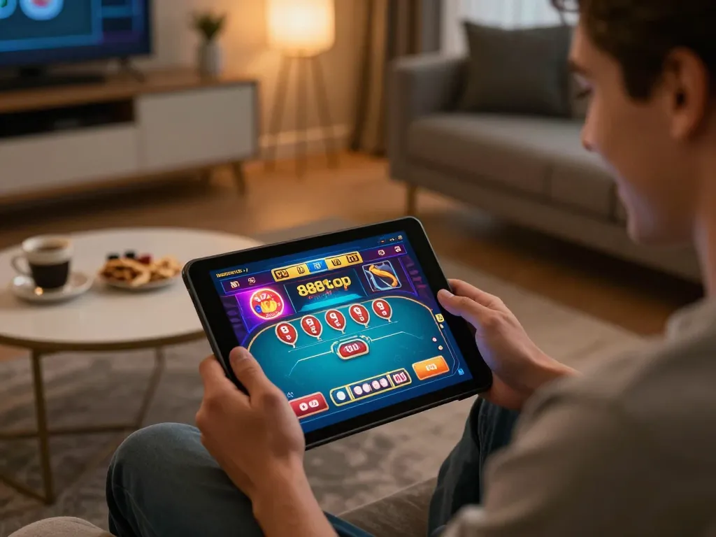 Engaging player enjoying games on 888top app in a cozy home setting with snacks and drinks.