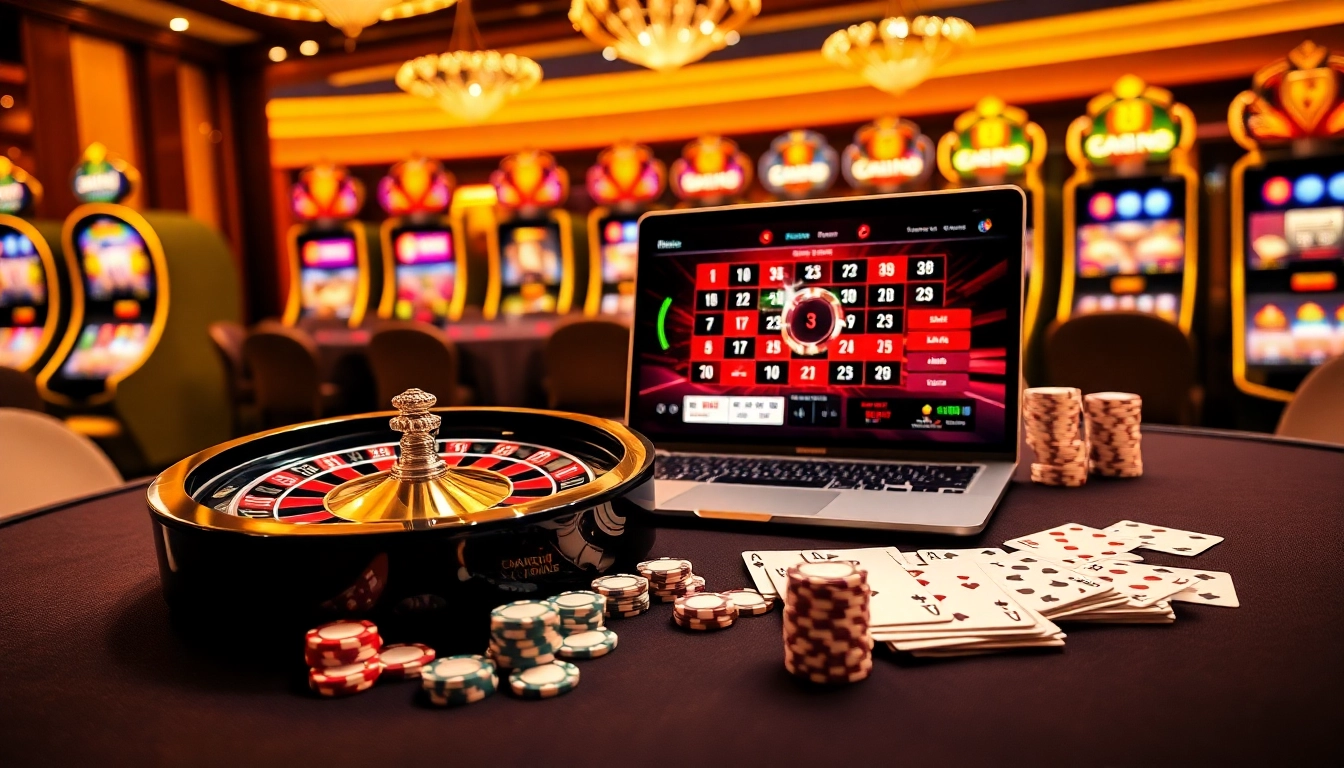 Scène de jeu en ligne engageante illustrant le casino en ligne argent réel France avec des jetons de poker, une roulette et des cartes.