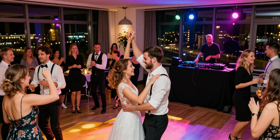 DJ für Hochzeit Berlin bei lebhafter Feier, tanzendes Paar und bunte Lichtstimmung.