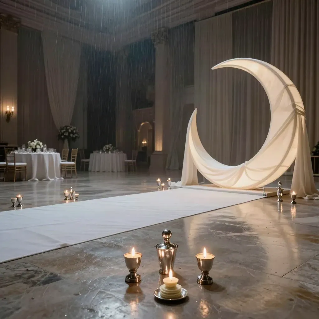 Moonlit wedding ballroom with crescent arch, votives and draped tables after rain.