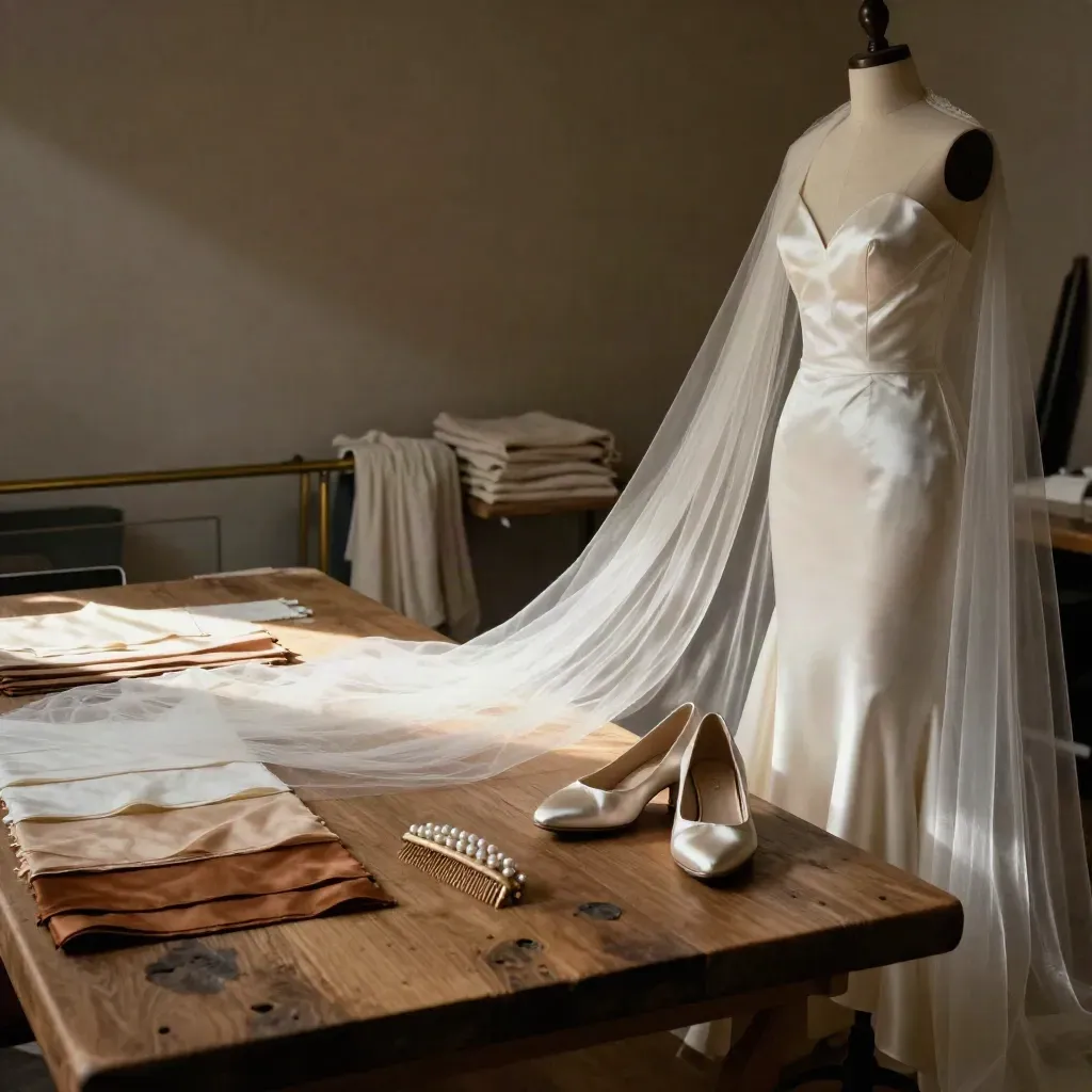 Silk bridal gown, tulle veil, satin shoes and pearl comb on a styling bench.