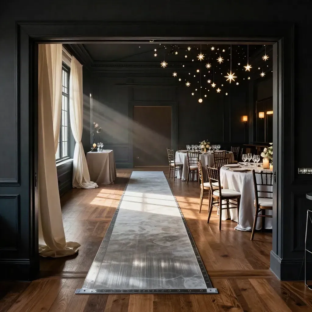 Candlelit celestial wedding ballroom with altar line, aisle markers, and star lights