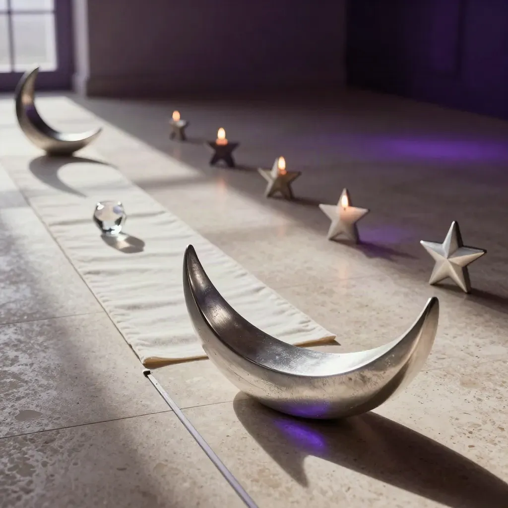 Brushed silver moon and star decor glowing on travertine floor with candle haze.