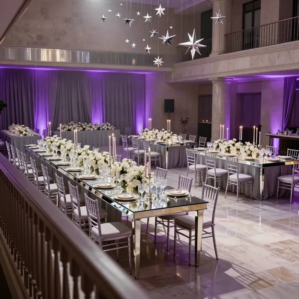 Glowing cosmic wedding reception hall with mirrored tables, silver candles, purple uplights, and suspended stars.